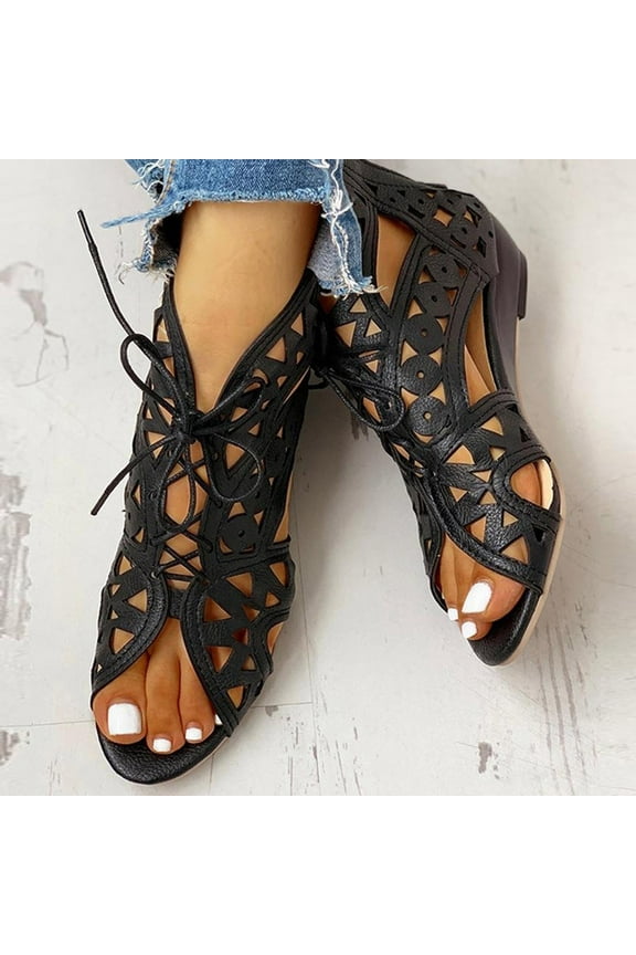 2025 Women's Roman Wedge Hollow Sandals with Zipper Back,Lace Up Open Toe High Heel Dress Sandals Shoes Black 38
