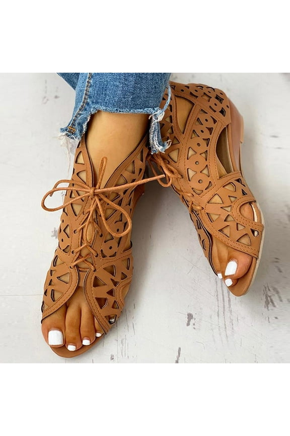 2025 Women's Roman Wedge Hollow Sandals with Zipper Back,Lace Up Open Toe High Heel Dress Sandals Shoes Brown 42