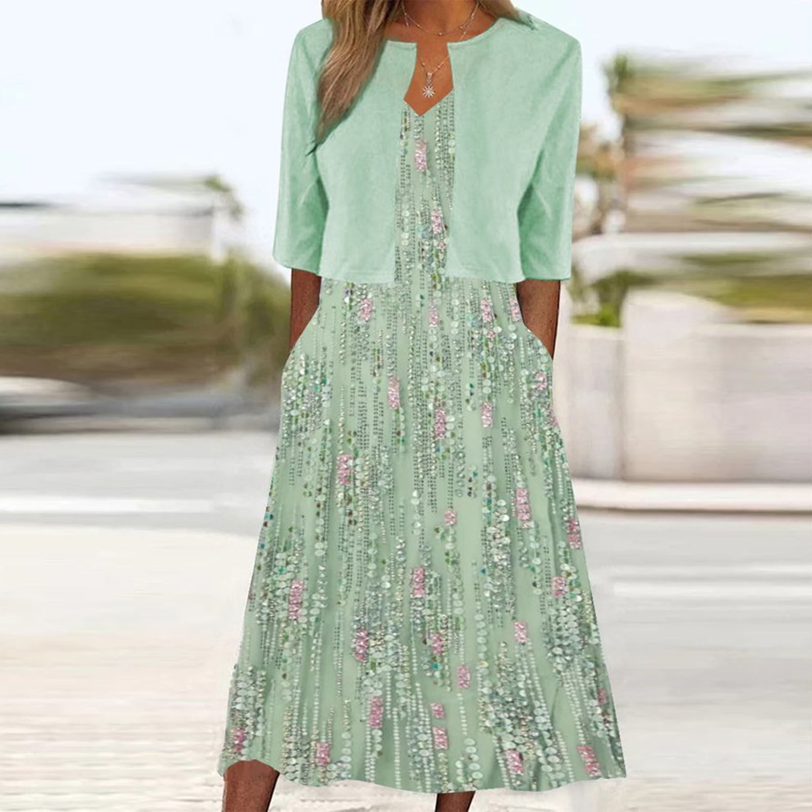 BLTIBY 2025 Womens 2 Piece Set Fashion Printed V Neck Long Dress with  Jacket Cardigan Wedding Guest Floral Print Midi Dresses with Pockets Green  L - Walmart.com