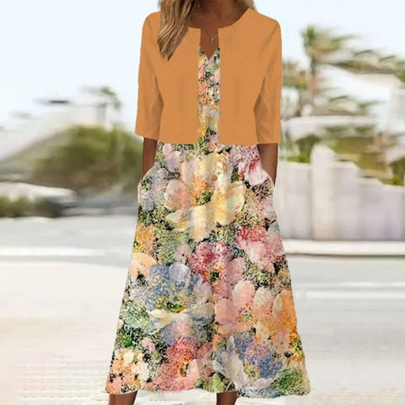 BLTIBY 2025 Womens 2 Piece Set Fashion Printed V Neck Long Dress with Jacket Cardigan Wedding Guest Floral Print Midi Dresses with Pockets Orange XL