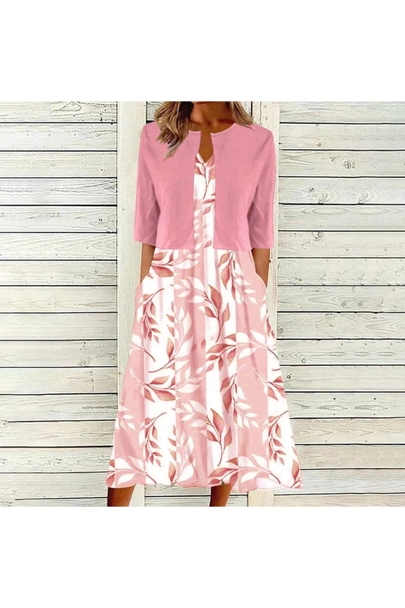 2025 Womens 2 Piece Set Fashion Printed V Neck Long Dress with Jacket Cardigan Wedding Guest Floral Print Midi Dresses with Pockets Pink XL