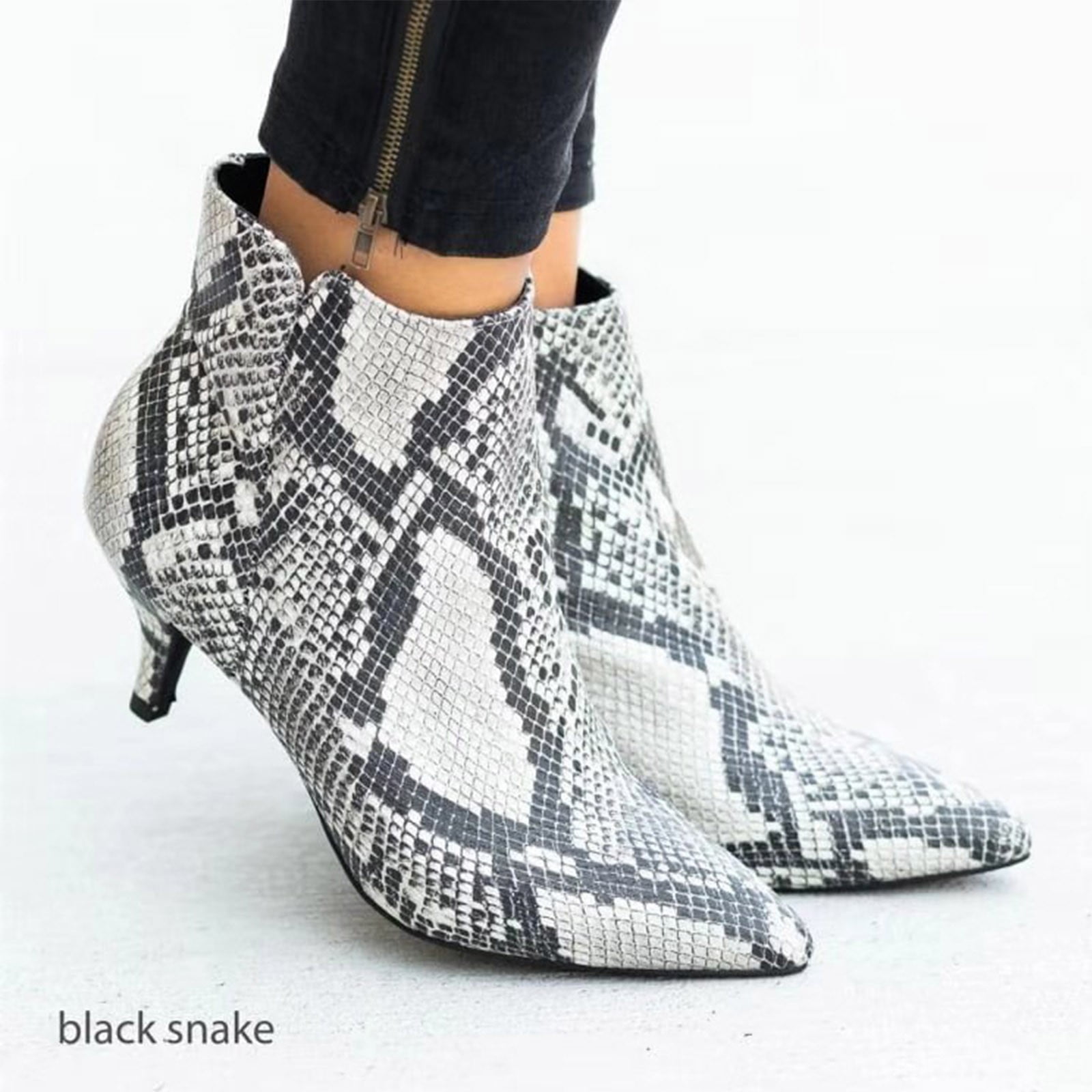 Leopard Pointed Toe High Heels Chunky Block Ankle Booties