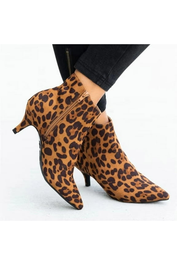 2025 Womens Ankle Boots Leopard Printed Pointed Toe Chunky Stacked Mid Heel Booties Fashion Elegant Shoes Yellow 36