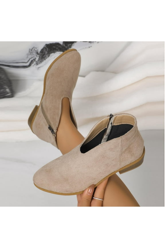 2025 Womens Ankle Boots Solid Color Pointed Toe Chunky Stacked Mid Heel V Booties Fashion Elegant Shoes Beige 40