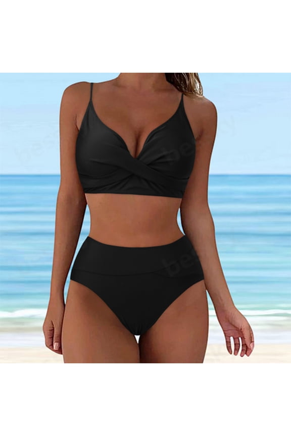 2025 Womens Bikini Sets Two Piece Swimsuit Solid Colour Spaghetti Straps Tops with Shorts Fashion Lightweight Bathing Suits Black L