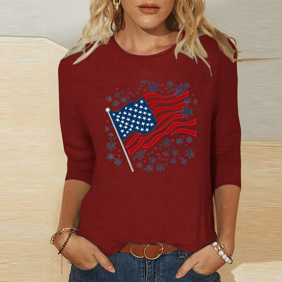BLTIBY 2025 Womens Blouse Summer 3/4 Sleeve Round Neck Independence Day Printed USA 4th of July Shirts Loose Novelty T-Shirts Fashion Pullover Top Wine L