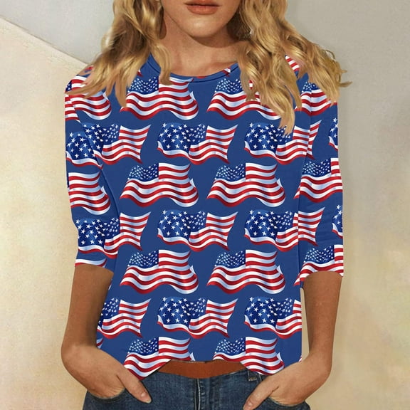 BLTIBY 2025 Womens Blouse Summer Independence Day Printed Round Neck Short Sleeve Shirts Loose Novelty Graphic T-Shirts Fashion Casual Pullover Tops Multicolor 2 M