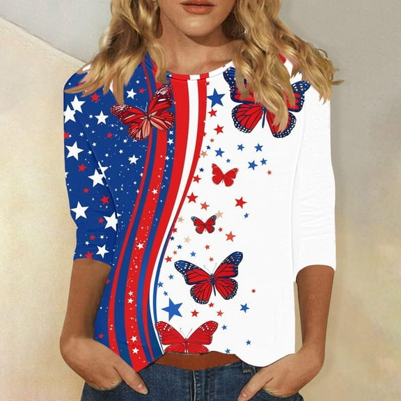 BLTIBY 2025 Womens Blouse Summer Independence Day Printed Round Neck Short Sleeve Shirts Loose Novelty Graphic T-Shirts Fashion Casual Pullover Tops Multicolor 14 L