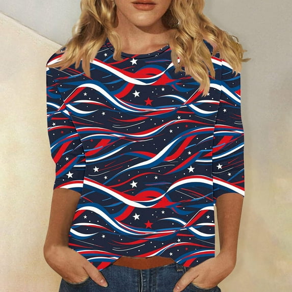 BLTIBY 2025 Womens Blouse Summer Independence Day Printed Round Neck Short Sleeve Shirts Loose Novelty Graphic T-Shirts Fashion Casual Pullover Tops Multicolor 11 XL