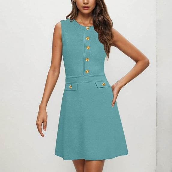 BLTIBY 2025 Womens Casual Button Dress Summer Round Neck Solid Color Sleeveless Dress Fashion Loose Tunic Work Dresses Green M