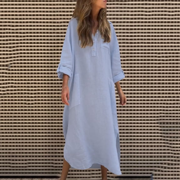 BLTIBY 2025 Womens Casual Button Dress Summer V Neck Solid Color Long Sleeve Dress Fashion Loose Tunic Dresses Light Blue 3XL