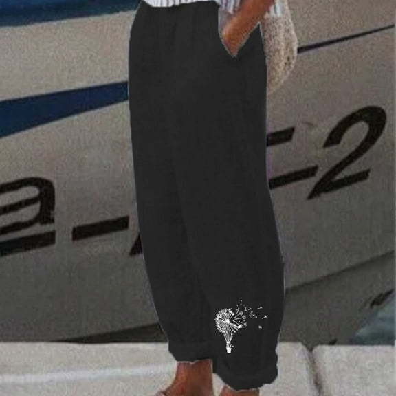 BLTIBY 2025 Womens Cotton Linen Pants Printed Elastic Waist Straight Leg High Waist Trousers with Pockets Fashion Lightweight Black XXL