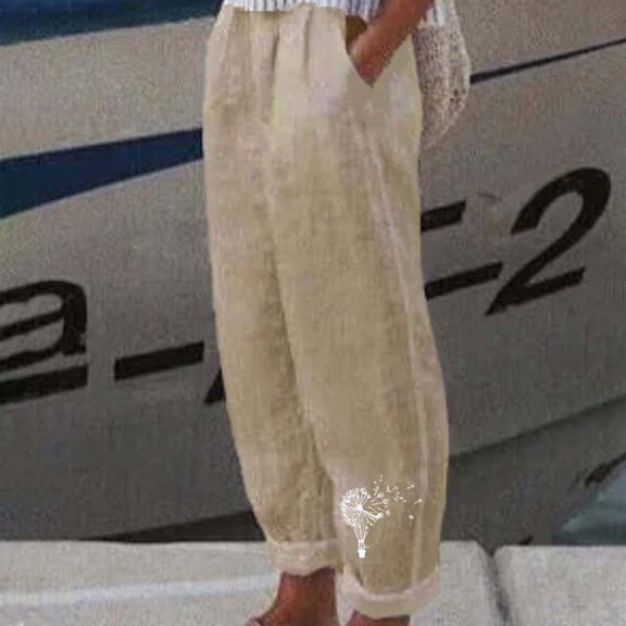 BLTIBY 2025 Womens Cotton Linen Pants Printed Elastic Waist Straight Leg High Waist Trousers with Pockets Fashion Lightweight Khaki S