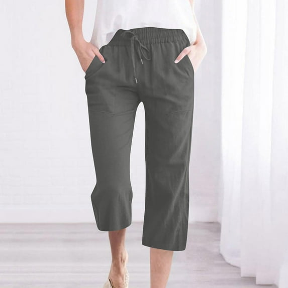 BLTIBY 2025 Womens Cotton Linen Pants Solid Color Elastic Waist Drawstring Straight Leg High Waist Seven Point Trousers with Pockets Fashion Casual Dark Gray XL