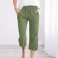 thumbnail image 1 of BLTIBY 2025 Womens Cotton Linen Pants Solid Color Elastic Waist Drawstring Straight Leg High Waist Seven Point Trousers with Pockets Fashion Casual Green M, 1 of 6