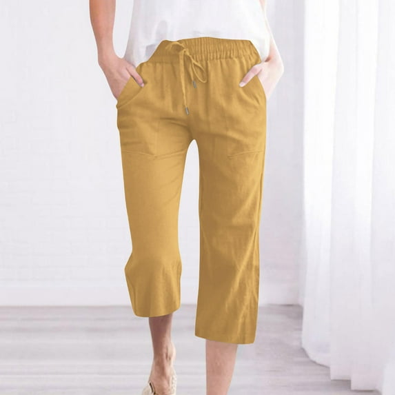BLTIBY 2025 Womens Cotton Linen Pants Solid Color Elastic Waist Drawstring Straight Leg High Waist Seven Point Trousers with Pockets Fashion Casual Yellow M