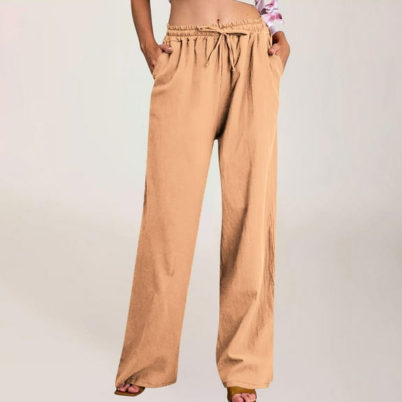 BLTIBY 2025 Womens Cotton Linen Pants Solid Colour Summer Spring Elastic Waist Drawstring Straight Leg High Waist Trousers with Pockets Fashion Casual Orange XL