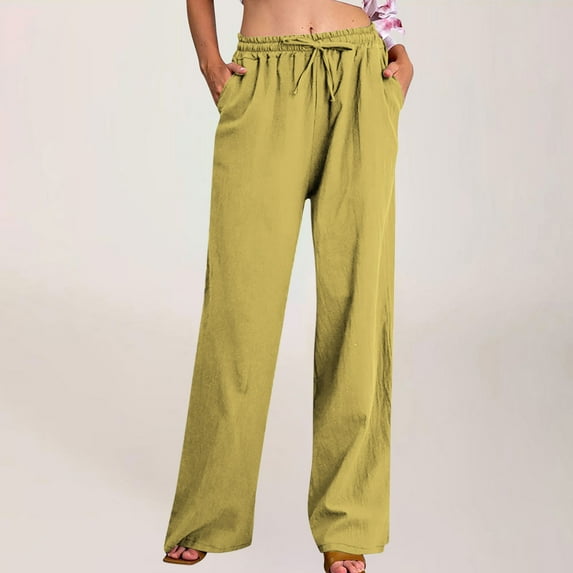 BLTIBY 2025 Womens Cotton Linen Pants Solid Colour Summer Spring Elastic Waist Drawstring Straight Leg High Waist Trousers with Pockets Fashion Casual Yellow XXL