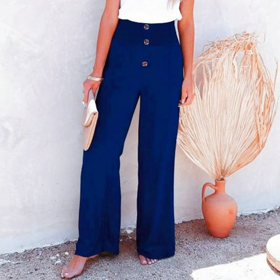 BLTIBY 2025 Womens Cotton Linen Wide Leg Pant Solid Colour High Waist Button Up Loose Casual Comfortable Beach Trousers Dark Blue M