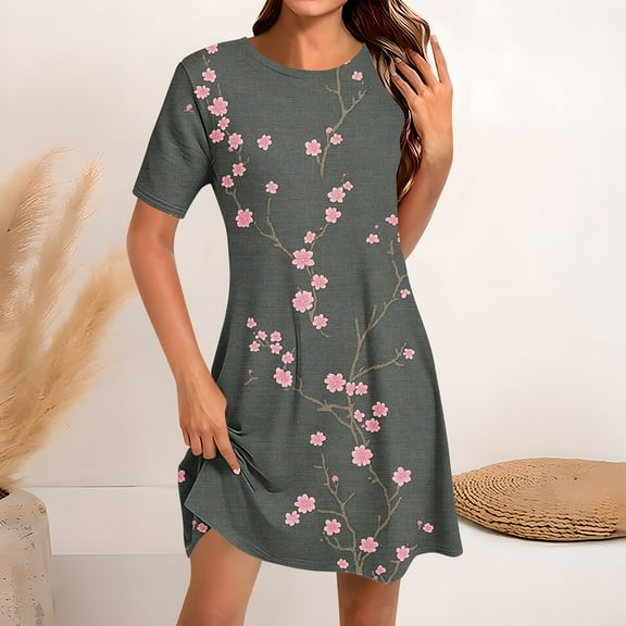 BLTIBY 2025 Womens Dresses Short Sleeve Spring Summer Mini Dress Round Neck Printed Casual Fashion Dresses Knee Length Multicolor 10 XL