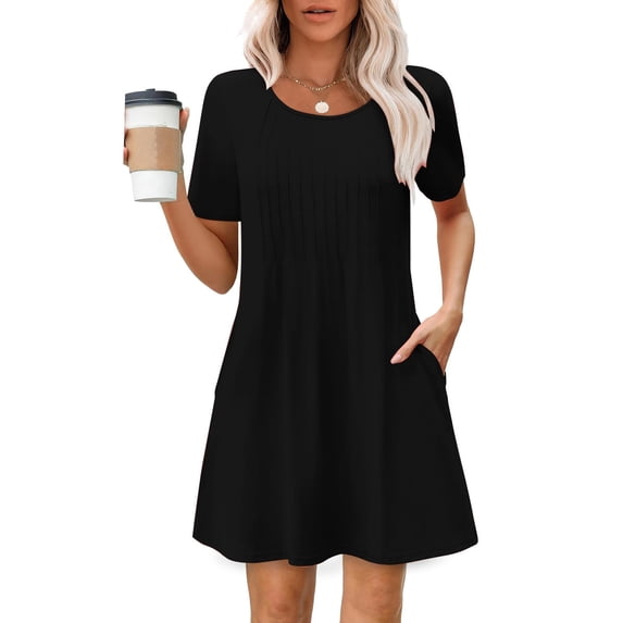 BLTIBY 2025 Womens Dresses Short Sleeve Spring Summer Mini Dress Round Neck Solid Color Casual Fashion Dresses Knee Length With Pockets Black 3XL