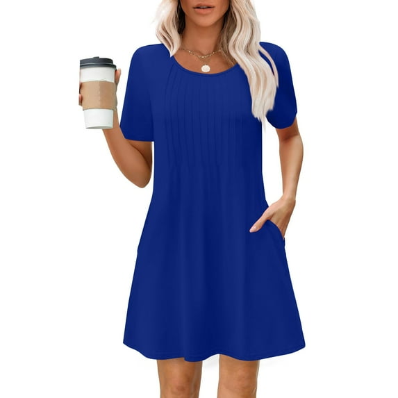 BLTIBY 2025 Womens Dresses Short Sleeve Spring Summer Mini Dress Round Neck Solid Color Casual Fashion Dresses Knee Length With Pockets Blue M