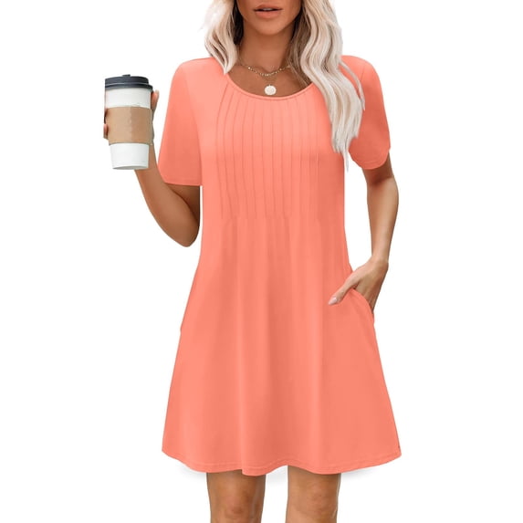 BLTIBY 2025 Womens Dresses Short Sleeve Spring Summer Mini Dress Round Neck Solid Color Casual Fashion Dresses Knee Length With Pockets Orange S