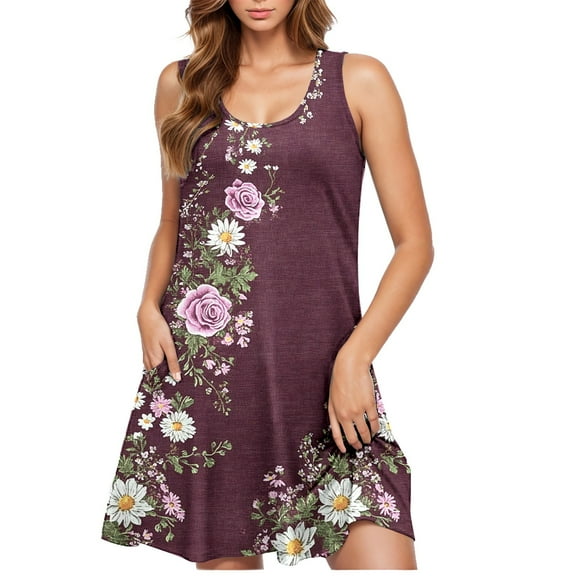 BLTIBY 2025 Womens Dresses Sleeveless Spring Summer Mini Dress Round Neck Printed Casual Fashion Dresses Knee Length Multicolor XXL