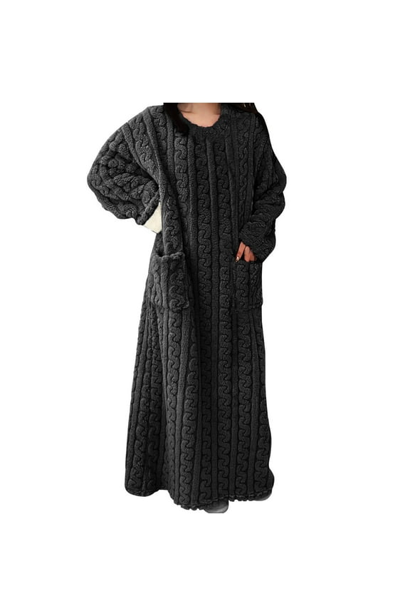 2025 Womens Fleece Robe Plush Long Sleeve Bathrobe with Pockets Warm Soft Pullover Bathrobes Fashion Comfortable Black L