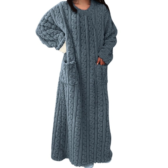 BLTIBY 2025 Womens Fleece Robe Plush Long Sleeve Bathrobe with Pockets Warm Soft Pullover Bathrobes Fashion Comfortable Navy L