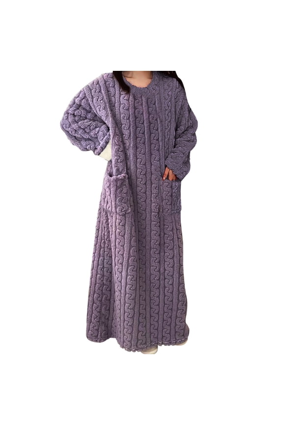 2025 Womens Fleece Robe Plush Long Sleeve Bathrobe with Pockets Warm Soft Pullover Bathrobes Fashion Comfortable Purple L
