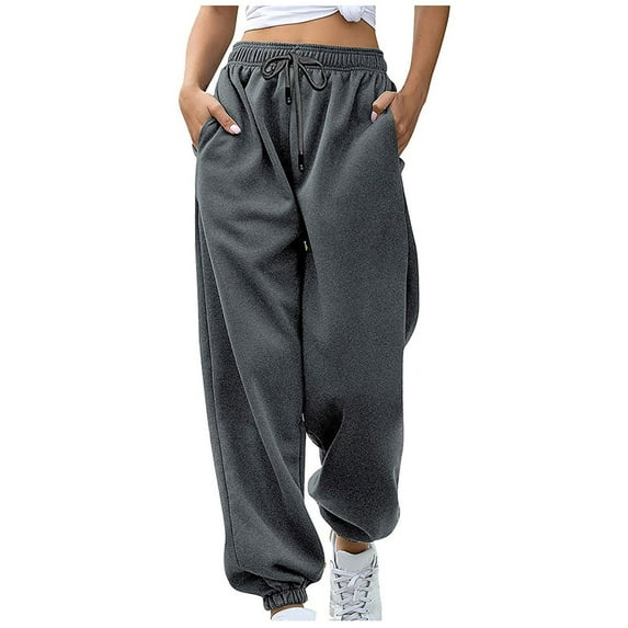 BLTIBY 2025 Womens Jogger Pants Solid Color Casual Straight Wide Leg Drawstring Trousers Fall Winter Workout Running Sweatpants with Pockets Dark Gray L