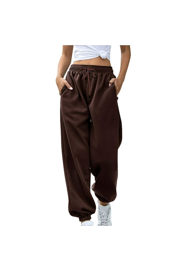 2025 Womens Jogger Pants Solid Color Spring Fall Casual Straight Wide Leg Drawstring Trousers Fall Winter Workout Running Sweatpants with Pockets Brown M
