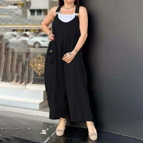BLTIBY 2025 Womens Jumpsuits Summer Wide Leg Bib Button Overalls Casual Sleeveless Rompers Fashion Pants with Pockets Black S
