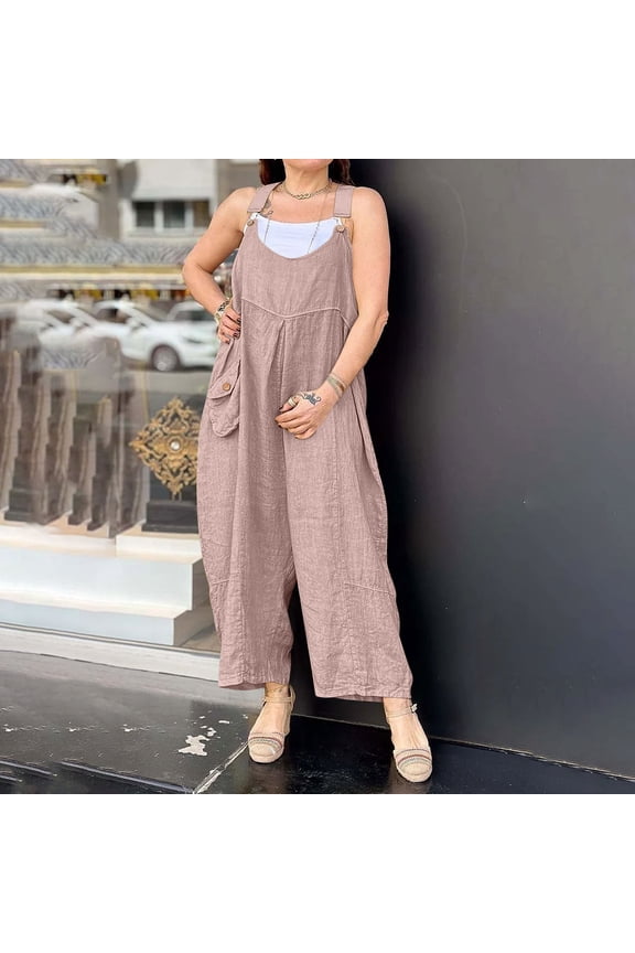 2025 Womens Jumpsuits Summer Wide Leg Bib Button Overalls Casual Sleeveless Rompers Fashion Pants with Pockets Khaki M