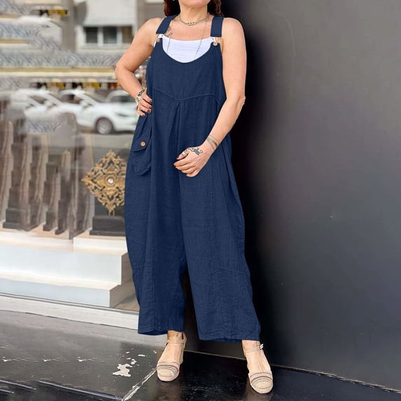 BLTIBY 2025 Womens Jumpsuits Summer Wide Leg Bib Button Overalls Casual Sleeveless Rompers Fashion Pants with Pockets Navy M