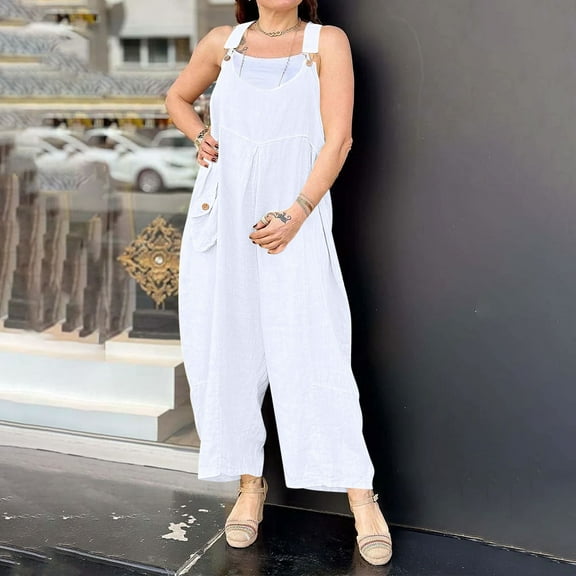 BLTIBY 2025 Womens Jumpsuits Summer Wide Leg Bib Button Overalls Casual Sleeveless Rompers Fashion Pants with Pockets White M