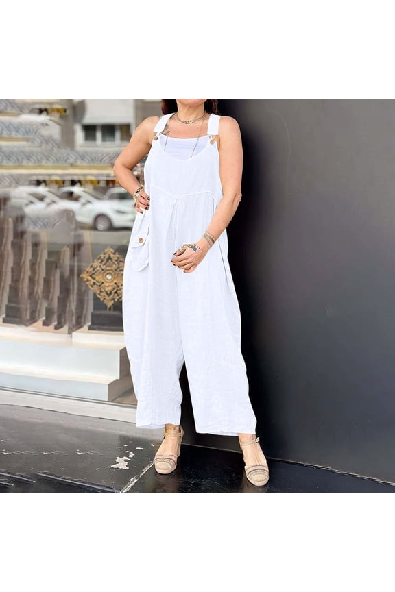2025 Womens Jumpsuits Summer Wide Leg Bib Button Overalls Casual Sleeveless Rompers Fashion Pants with Pockets White XL