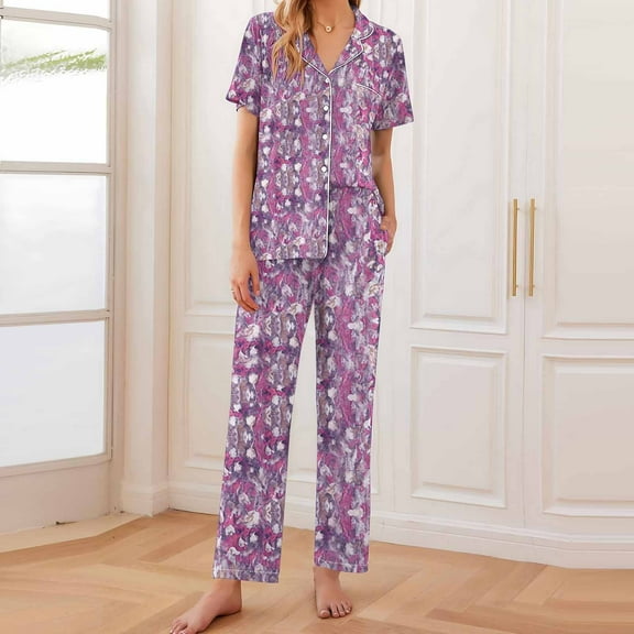 BLTIBY 2025 Womens Pajama Sets 2 Piece Printed Lapel Button Short Sleeve Shirts Pants Casual Loungewear Outfits with Pockets Hot Pink XXL