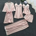 thumbnail image 1 of BLTIBY 2025 Womens Pajama Sets 5PCS Satin Silk Sleepwear Lace Trim Robe Set with Cami Shorts Pants Dress Soft Loungwear PJ Outfits Pink S, 1 of 6