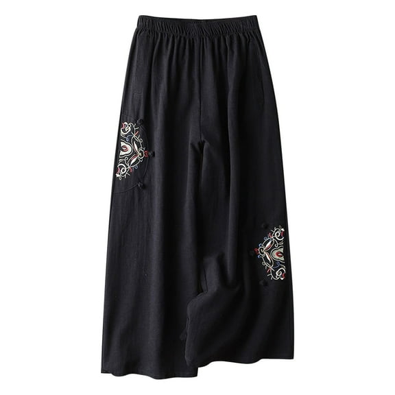 BLTIBY 2025 Womens Palazzo Pants Casual Wide Leg Pants Baggy Ankle Length Floral Embroidered Pants with Pockets Black XL