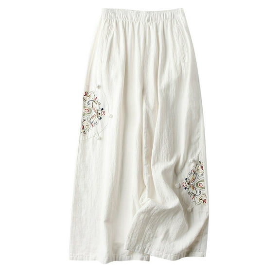 BLTIBY 2025 Womens Palazzo Pants Casual Wide Leg Pants Baggy Ankle Length Floral Embroidered Pants with Pockets White XL