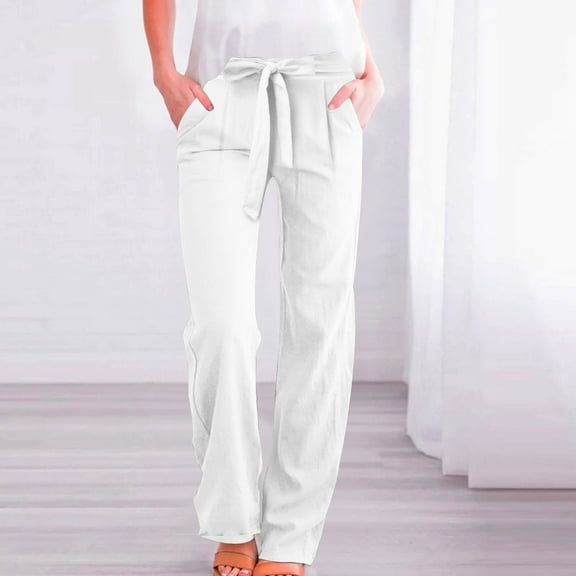 BLTIBY 2025 Womens Pants Solid Colour Elastic Waist Drawstring Straight Leg Wide Leg High Waist Trousers with Pockets Fashion Casual White XL