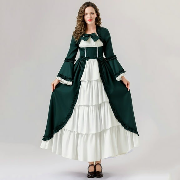 BLTIBY 2025 Womens Role-playing Dress Long Sleeve ELegant Stage Play Fashion Loose Cute Long Princess Dresses Green XL