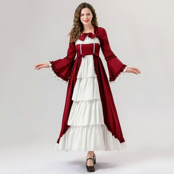 BLTIBY 2025 Womens Role-playing Dress Long Sleeve ELegant Stage Play Fashion Loose Cute Long Princess Dresses Red XL