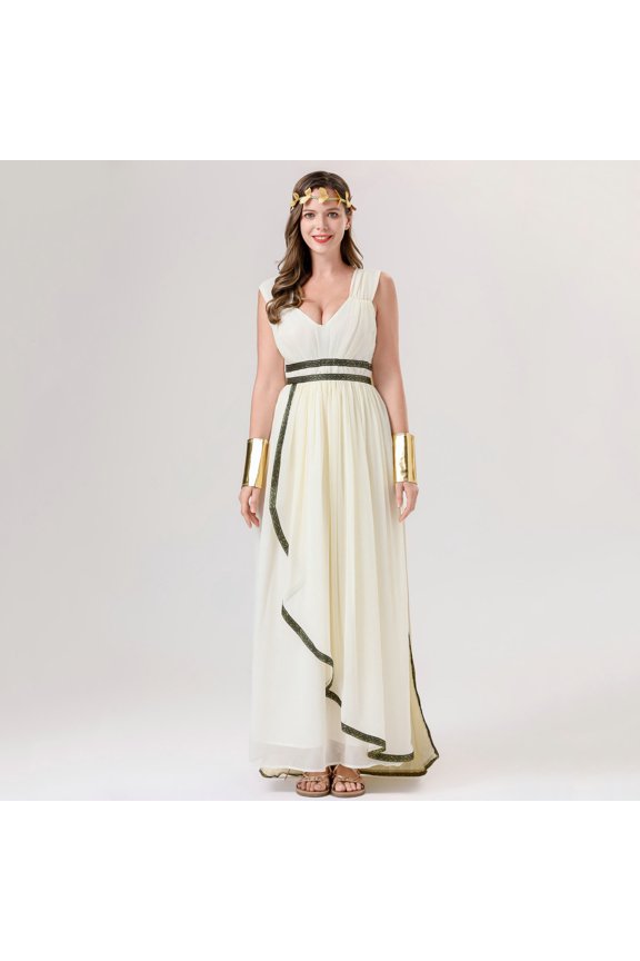 2025 Womens Role-playing Dress Sleeveless V Neck Mythological Goddess Stage Play Fashion Long Dresses Beige M