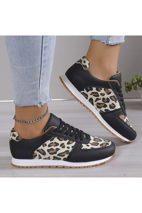 2025 Womens Sneaker Thick Chunky Round Toe Leopard Printed Comfortable Casual Fashion Lace Up Work Shoes Black 40