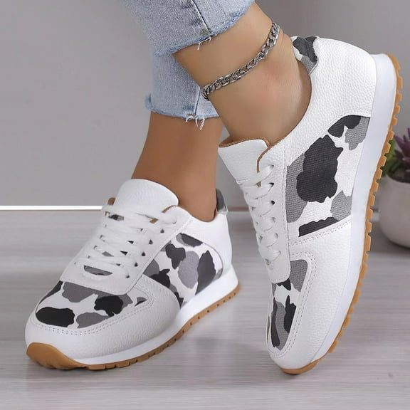 BLTIBY 2025 Womens Sneaker Thick Chunky Round Toe Leopard Printed Comfortable Casual Fashion Lace Up Work Shoes White 37