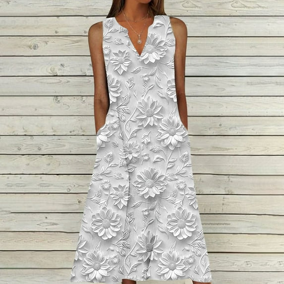 BLTIBY 2025 Womens Summer Casual Dress Floral Printed Elegant Dress Sleeveless V-Neck Fashion Long Dress with Pockets Multicolor 2 4XL