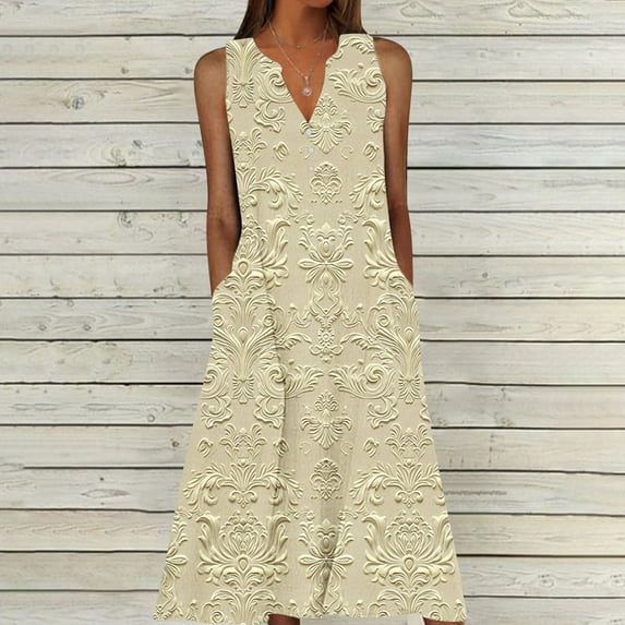 BLTIBY 2025 Womens Summer Casual Dress Floral Printed Elegant Dress Sleeveless V-Neck Fashion Long Dress with Pockets Multicolor 6 3XL